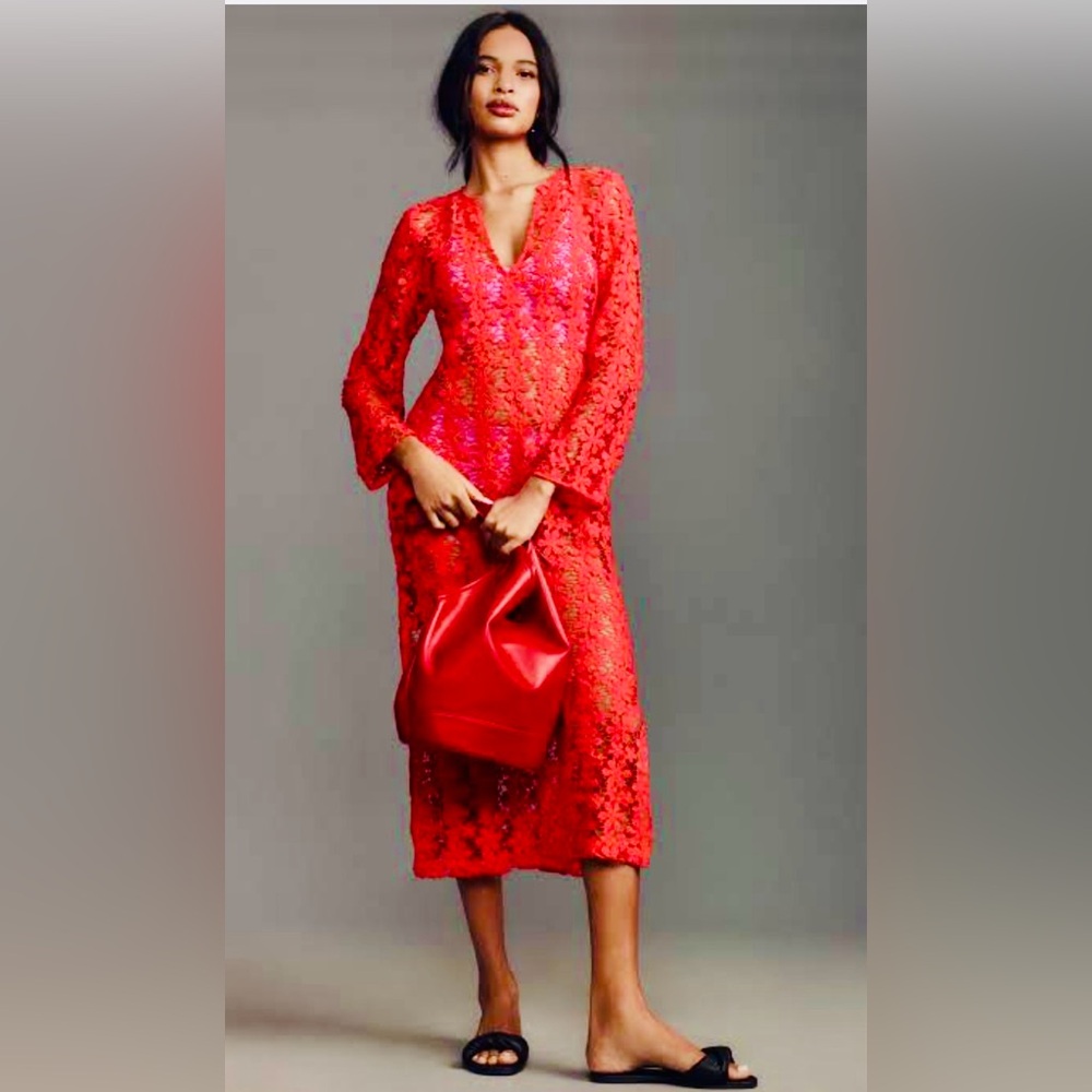 By Anthropologie Vibrant 3D Floral Kaftan Red Lace Dress XS/S